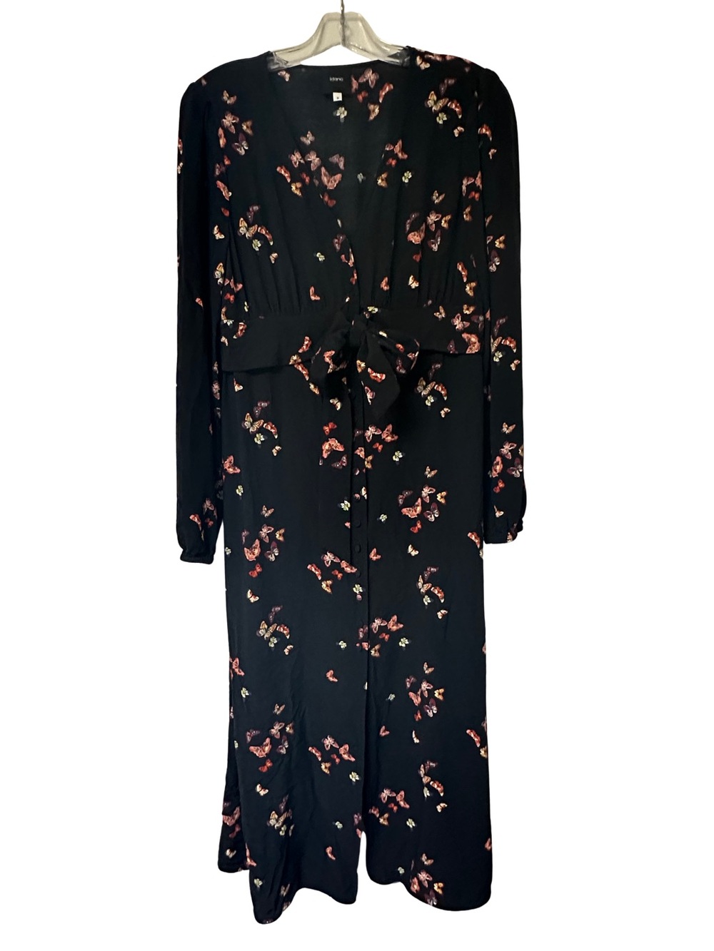 Idano Wasabi Black Butterfly Print Wrap Dress Midi Tie Waist Sz 3 (US M/8)